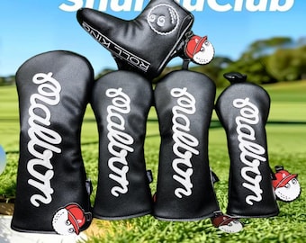Fundas para cabezas de palos de golf Malbon, de cuero, para maderas, color negro/blanco.