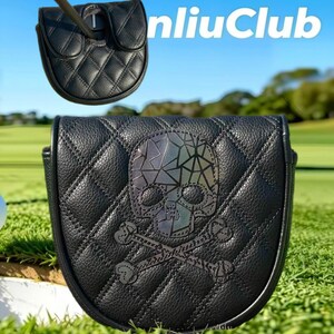 May include: A black mallet putter headcover featuring a quilted texture and a reflective geometric skull and crossbones design. The cover has a top opening for a putter shaft and is displayed in two views, with the text nliuClub visible.