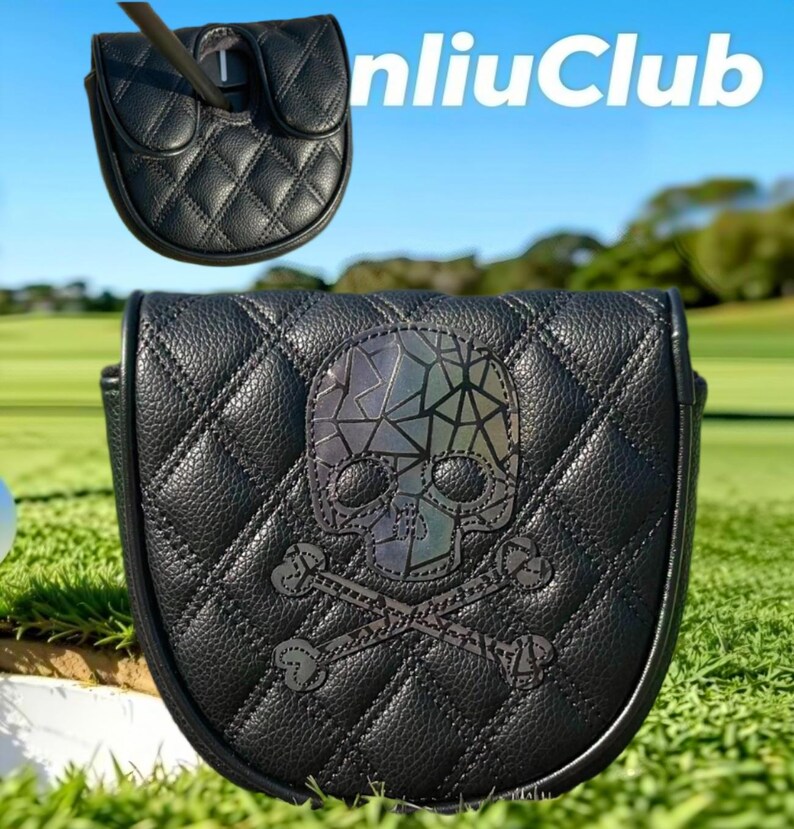May include: A black mallet putter headcover featuring a quilted texture and a reflective geometric skull and crossbones design. The cover has a top opening for a putter shaft and is displayed in two views, with the text nliuClub visible.