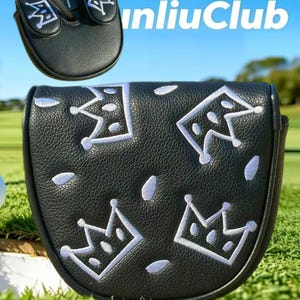 May include: A black putter headcover featuring a repeating pattern of white embroidered crowns and small white petal shapes. The cover has a textured surface and includes a smaller view of the top section with the text unliuClub visible.