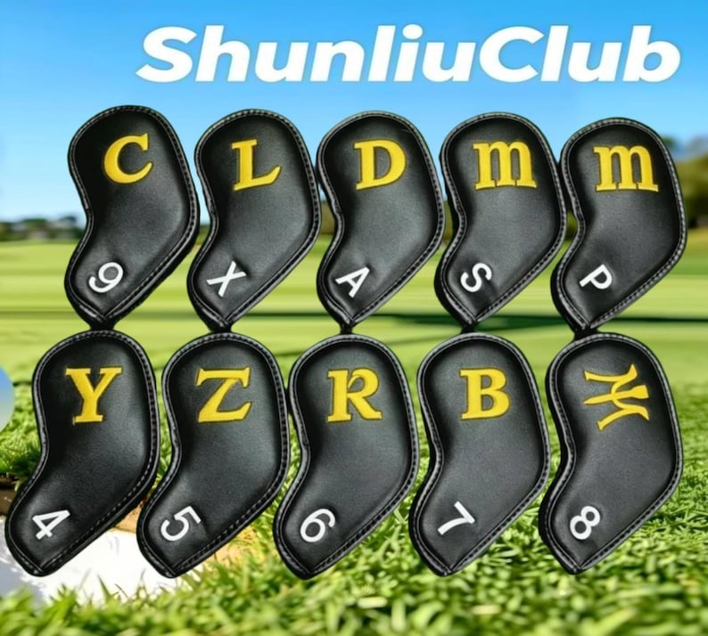 May include: A set of ten black golf iron head covers with yellow embroidered letters and white numbers. The covers feature the text ShunliuClub at the top. Each cover displays a unique letter and number combination, including 9C, XL, DA, mS, mP, Y4, Z5, R6, B7, and M8, arranged in two rows.