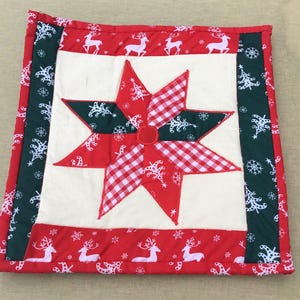 May include: A square quilted fabric piece featuring a central eight-pointed star in red, white, and red-and-white gingham. The star is set against a cream background, framed by red borders with white reindeer and green borders with white trees.