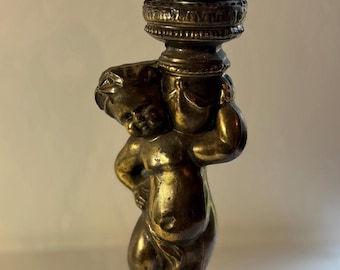 Ornate Vintage Cast Brass Cherub Candle Holder