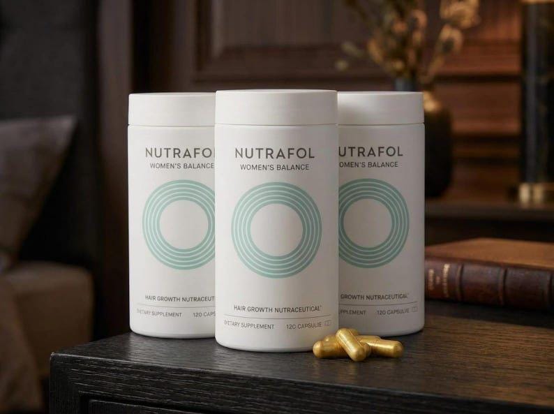 Puede incluir: Tres botellas cil&iacute;ndricas blancas de Nutrafol Women's Balance, un suplemento diet&eacute;tico nutrac&eacute;utico para el crecimiento del cabello, cada una con un dise&ntilde;o circular turquesa. C&aacute;psulas doradas frente a las botellas.
