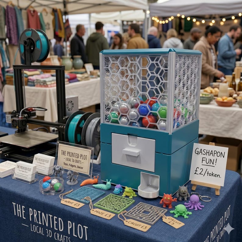 May include: A teal and white gumball machine filled with colorful spheres sits on a table with 3D-printed toys and decor. The table has a sign that reads "THE PRINTED PLOT - LOCAL 3D CRAFTS". Other items include maze and circuit designs.