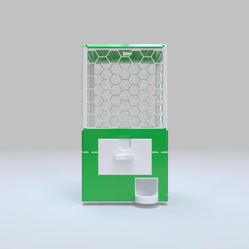 May include: A green and white gumball machine with a hexagonal grid pattern on the front. The machine has a white dispensing area and a small, round collection cup. The top and base are green.