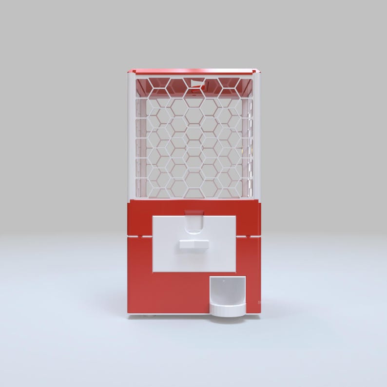 May include: A red and white gumball machine with a hexagonal pattern on the top and in the viewing area. The machine has a white dispensing area and a small white cup at the bottom.