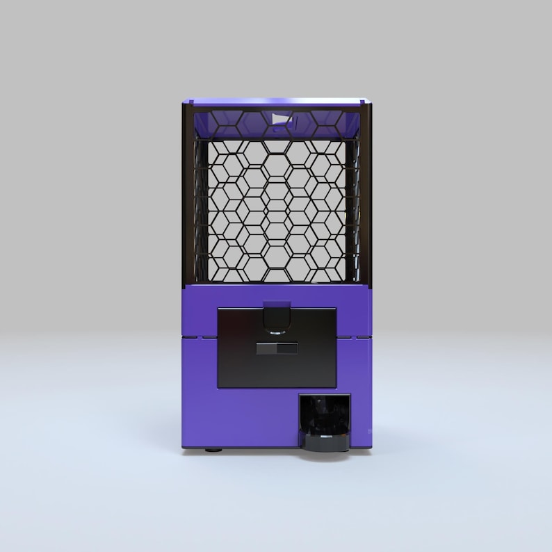 May include: A purple and black vending machine with a geometric honeycomb pattern on the front. The machine has a black door and a small opening at the bottom. The top of the machine is also black.