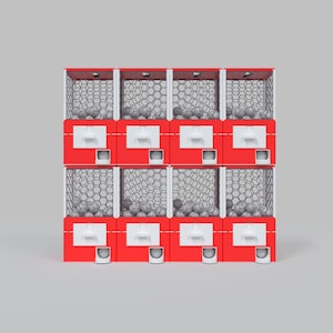 May include: A stack of eight red and white gumball machines. Each machine has a wire mesh front filled with gray gumballs. The machines are arranged in a 2x4 grid, with a coin slot and dispensing area.