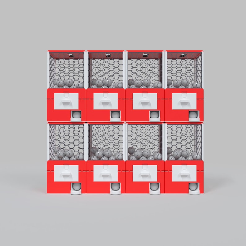 May include: A stack of eight red and white gumball machines. Each machine has a wire mesh front filled with gray gumballs. The machines are arranged in a 2x4 grid, with a coin slot and dispensing area.