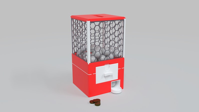May include: A red gumball machine with a white dispensing mechanism and a honeycomb-patterned cage. The machine contains gray gumballs and sits on a gray surface. A few brown coins are at the base.
