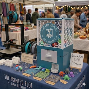 May include: A teal and white gumball machine with the text "THE PRINTED PLOT - LOCAL 3D CRAFTS" sits on a table with 3D printed toys. The table also displays 3D printers, spools of filament, and small signs with prices.