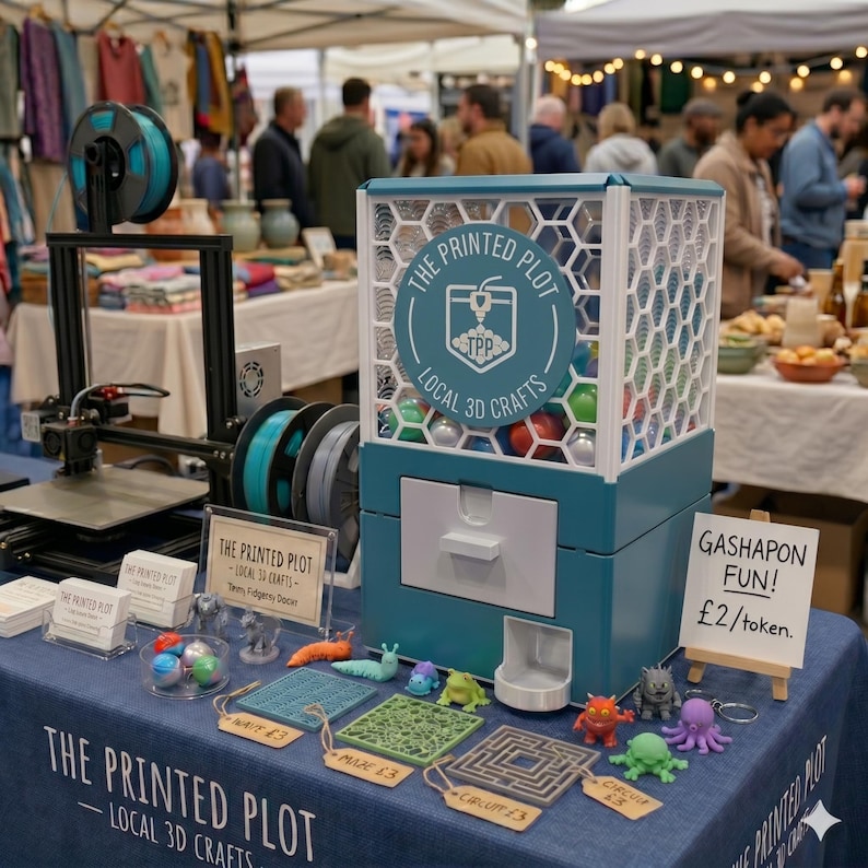 May include: A teal and white gumball machine with the text "THE PRINTED PLOT - LOCAL 3D CRAFTS" sits on a table with 3D printed toys. The table also displays 3D printers, spools of filament, and small signs with prices.
