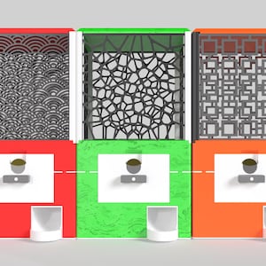 May include: Three colorful, decorative boxes with intricate patterns. The boxes are red, green, and orange, each with a unique design on the top section. Each box has a white dispenser and a small, white cup.