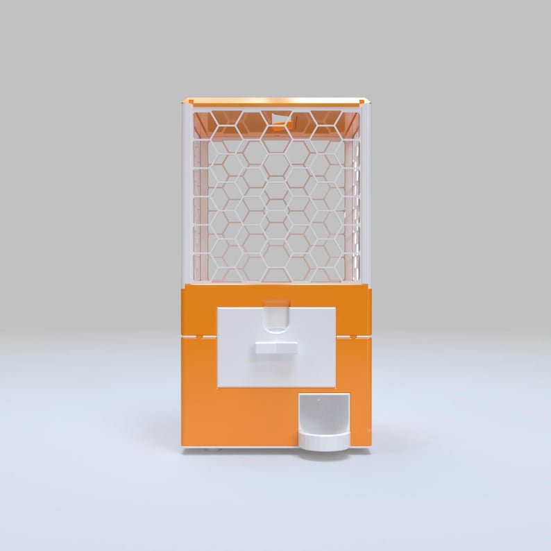 May include: An orange and white gumball machine with a honeycomb pattern on the front. The machine has a white dispensing area and a small, white cup-like receptacle at the bottom. The top of the machine is also orange.