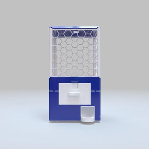 May include: A blue and white gumball machine with a hexagonal pattern on the front and top. The machine has a white dispensing area and a small, white cup-like area at the bottom.