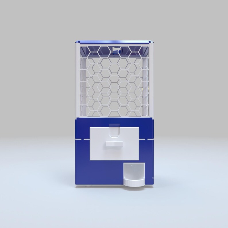 May include: A blue and white gumball machine with a hexagonal pattern on the front and top. The machine has a white dispensing area and a small, white cup-like area at the bottom.