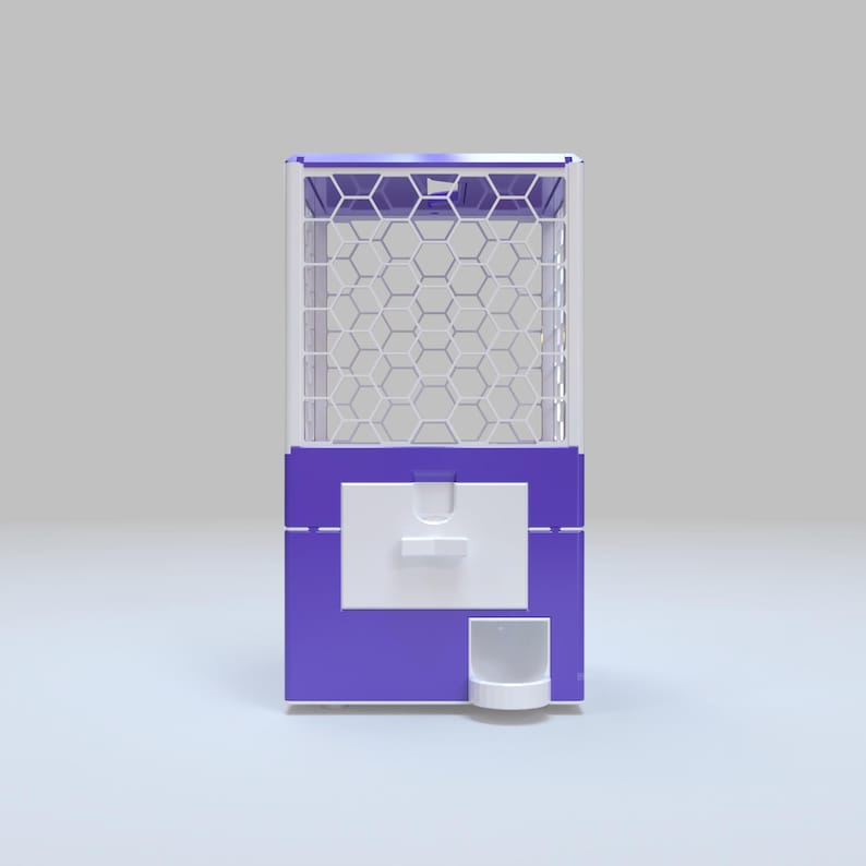 May include: A purple and white gumball machine with a hexagonal pattern on the front. The machine has a white dispensing area and a small white cup at the bottom. The top of the machine is also white.