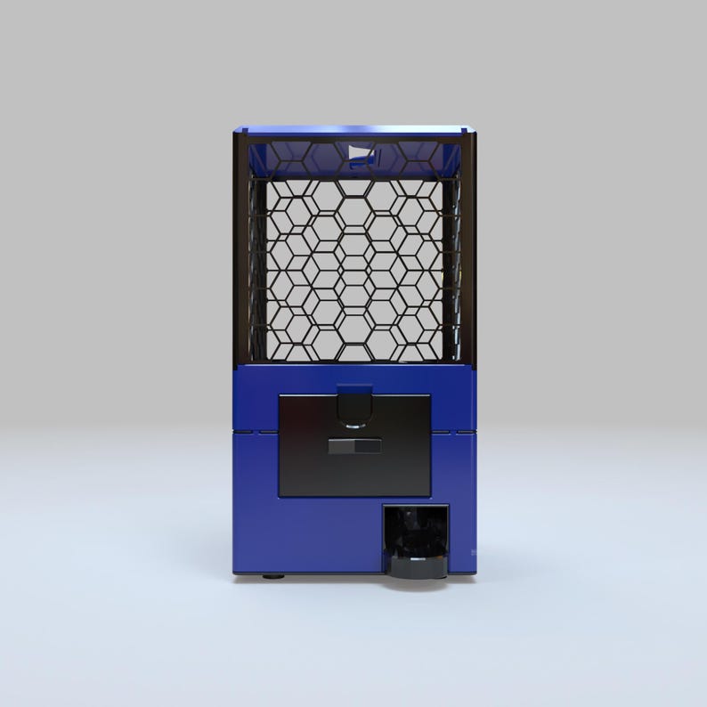 May include: A blue and black geometric design object. The object has a rectangular shape with a black honeycomb pattern in the center. The top and bottom are blue, with a black door and a small black compartment at the bottom. The object is a modern design.