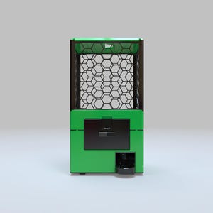 May include: A green and black metal appliance with a honeycomb pattern on the front. The appliance has a rectangular shape with a black door and a small black container at the bottom. The top of the appliance is also green.