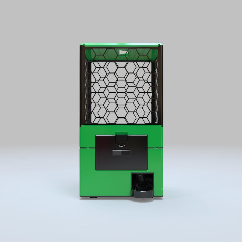 May include: A green and black metal appliance with a honeycomb pattern on the front. The appliance has a rectangular shape with a black door and a small black container at the bottom. The top of the appliance is also green.