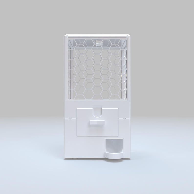 May include: A white gumball machine with a clear, hexagonal grid pattern on the top section. The machine has a rectangular shape with a dispensing slot and a small collection area at the bottom. The overall design is clean and modern.