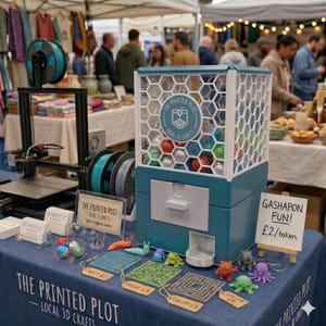 May include: A display at a craft fair features a teal and white gumball machine filled with colorful balls. The table showcases 3D-printed items, including small toys and maze puzzles. The sign reads "The Printed Plot - Local 3D Crafts."