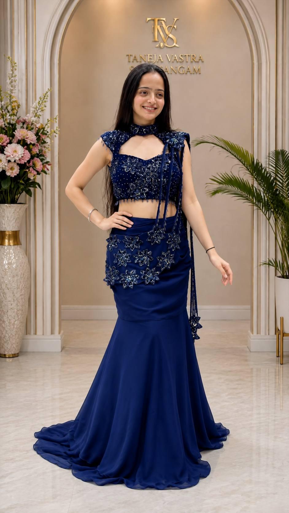 indo western blue dress for women Navy Lehenga Gown is made in