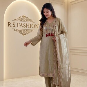 Beige Chanderi Silk Straight Suit Set, Embroidered Kurti Pants with Scallop Dupatta, Indian Festive Party Wear Outfit, Designer Salwar Suit
