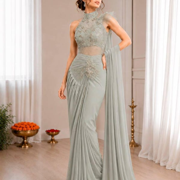Pre-Draped Indo-Western Saree, Georgette Fusion Cocktail Gown, Embroidered Bridesmaid Outfit