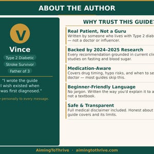 May include: A teal and gold graphic with the text "About the Author" and "Why Trust This Guide?" The author, Vince, is a Type 2 Diabetic and Stroke Survivor. The guide is written by someone who lives with Type 2 diabetes.
