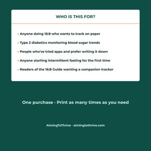 May include: A white informational card on a dark green background with the heading WHO IS THIS FOR? followed by a list of bullet points regarding 16:8 intermittent fasting tracking, blood sugar monitoring, and writing preferences. Text includes One purchase. Print as many times as you need and AimingToThrive. aimingtothrive.com.