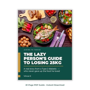 Może przedstawiać: Cyfrowa okładka książki zatytułowana The Lazy Person's Guide to Losing 25kg autorstwa Vince'a K, na ciemnozielonym tle z białym tekstem. Nad tytułem widok z g&oacute;ry przedstawia st&oacute;ł z pieczoną rybą, sałatką, rzodkiewkami i chlebem.