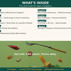 May include: A digital guide titled "What's Inside" for Type 2 Diabetics, with chapter titles like "Blood Sugar & Insulin Sensitivity" and "What to Eat During Your Window." The image includes text "Eat well. Fast smart. Thrive daily."