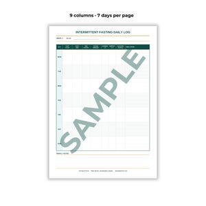 May include: An intermittent fasting daily log printable page featuring 9 columns and 7 days per page. The document includes headers for fast start, fast end, hours fasted, eating window, hunger, energy, glucose, and meal notes with a sample watermark.