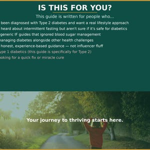 May include: A green graphic with the text "IS THIS FOR YOU?" and a list of criteria for a guide on Type 2 diabetes. The bottom of the image shows a person with their arms raised on a path in a forest, with the text "Your journey to thriving starts here."