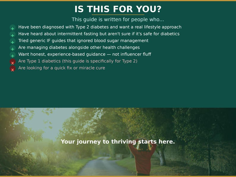 May include: A green graphic with the text "IS THIS FOR YOU?" and a list of criteria for a guide on Type 2 diabetes. The bottom of the image shows a person with their arms raised on a path in a forest, with the text "Your journey to thriving starts here."