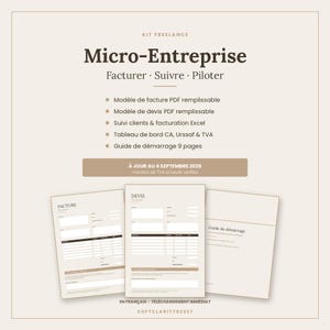 Peut inclure: Un kit freelance pour micro-entreprise comprenant un modèle de facture et de devis PDF remplissable, un suivi client Excel, un tableau de bord CA, Urssaf et TVA, ainsi qu'un guide de démarrage de 9 pages, mis à jour au 4 septembre 2026.