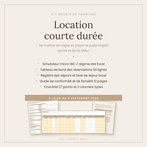 Könnte beinhalten: Ein digitales Toolkit für die Verwaltung von Kurzzeitvermietungen auf beigem Hintergrund mit dunklem Text. Es enthält einen Excel-Simulator, ein Reservierungs-Dashboard, ein Gästeregister, einen Steuerleitfaden und Checklisten, aktualisiert zum 4. September 2026.