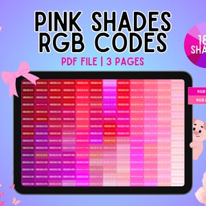 Può includere: Un file PDF digitale che presenta 188 tonalità di rosa con codici RGB su tre pagine. Il display mostra una griglia di campioni di colore rosa, un fiocco rosa, una ruota dei colori circolare, un'illustrazione di un maialino e una rosa. Testo: PINK SHADES RGB CODES.