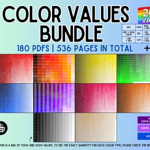 Color Values Bundle: 9300 hex codes + 2000 rgb, cmyk, hsl, hsv/ hsb, lab, lch, xyz values | Printable Chart, Shade Catalog, Palette Library
