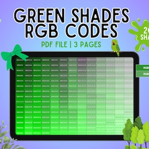 Puede incluir: Un documento digital titulado GREEN SHADES RGB CODES que presenta 200 muestras de color en una cuadrícula. El archivo PDF incluye 3 páginas, un lazo verde, una ilustración de un loro pequeño y dos etiquetas de códigos RGB sobre fondo morado.