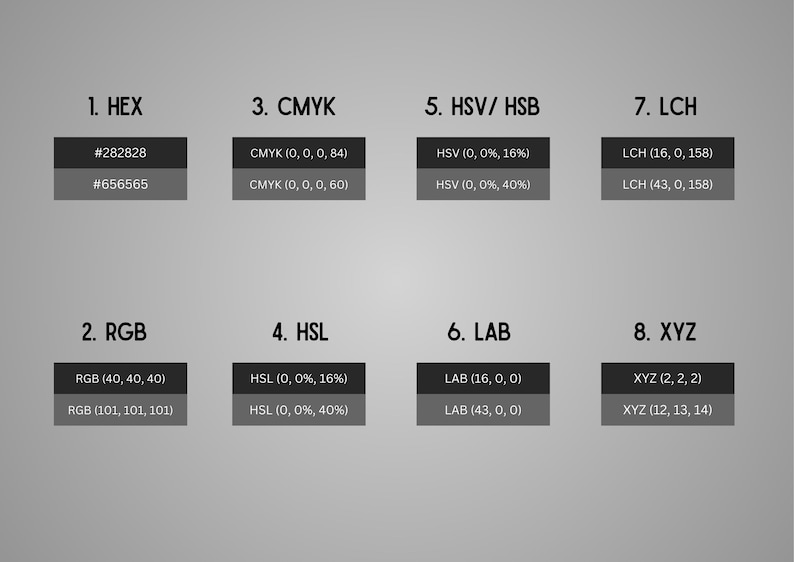 Gray Color Values Bundle: Hex, Rgb, Cmyk, Hsl, Hsv/ Hsb, Lab, Lch, Xyz ...