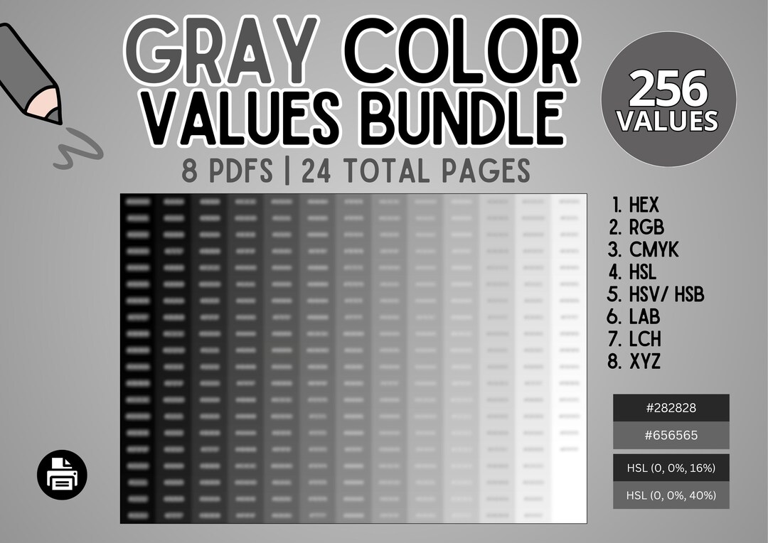 Gray Color Values Bundle: Hex, Rgb, Cmyk, Hsl, Hsv/ Hsb, Lab, Lch, Xyz ...