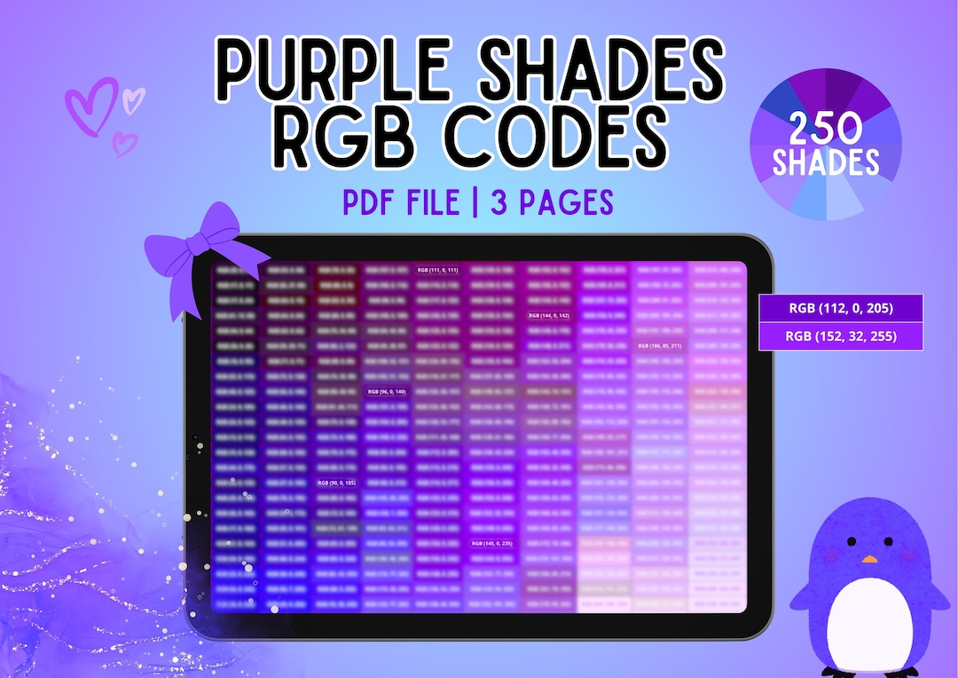 250 RGB Purple Color Codes | Digital PDF Chart, Printable | 1 Pdf, 3 ...