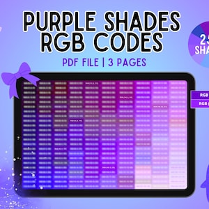 Könnte beinhalten: Ein digitales Dokument mit dem Titel Purple Shades RGB Codes, das 250 Farbtöne auf drei Seiten enthält. Die Anzeige zeigt ein Raster aus violetten Farbfeldern mit RGB-Werten, eine violette Schleifengrafik und eine kleine Pinguin-Illustration.