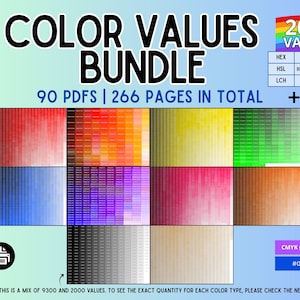 Color Values Bundle: 9300 hex codes + 2000 rgb, cmyk, hsl, hsv/ hsb, lab, lch, xyz values | Printable Chart, Shade Catalog, Palette Library