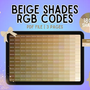 以下が含まれることがあります： BEIGE SHADES RGB CODES、PDF FILE | 3 PAGES、180+ SHADESというテキストとベージュ色のカラーパレットのグリッドが表示されたデジタル画面。左上にはベージュのリボン、右下には小さなペンギンのイラストが描かれています。