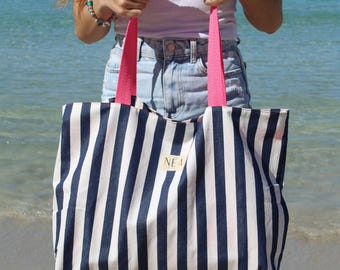Grand sac de plage | Sac à main XL pour la piscine et l'été | Cabas rayé avec poche intérieure 60 x 45 cm