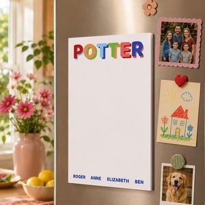 May include: A white magnetic dry-erase board attached to a stainless steel refrigerator. The board features the word POTTER in colourful block letters at the top and the names ROGER, ANNE, ELIZABETH, and BEN printed in blue at the bottom.